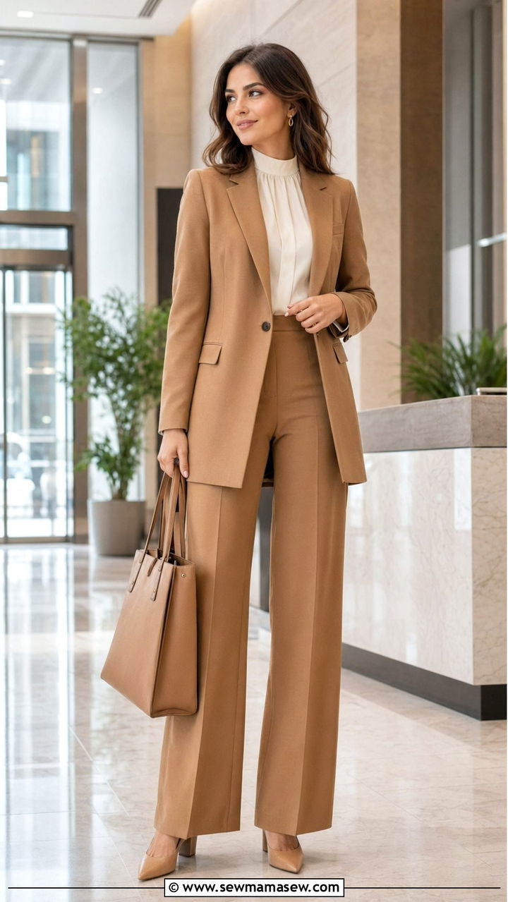 Longline blazer with wide leg trousers and high neck blouse - 35 Modest outfit ideas for office