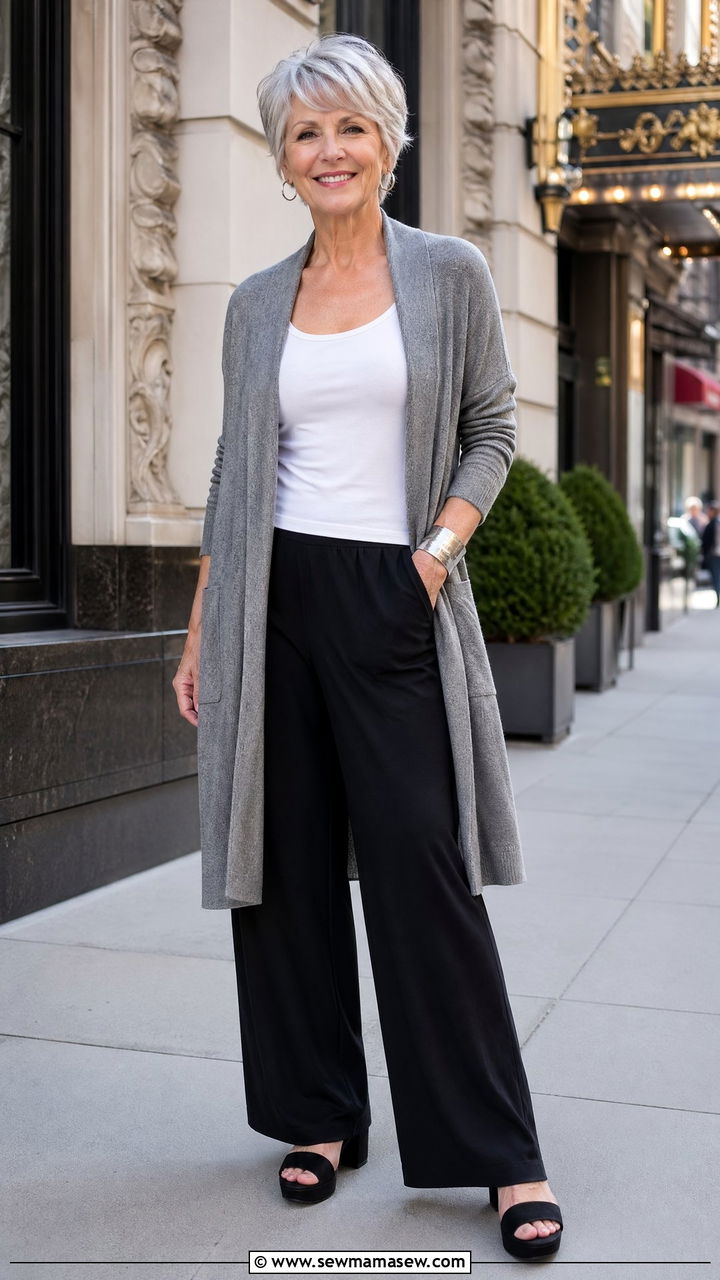 Longline cardigan over tank and palazzo pants outfit - 35 Classy outfit ideas for women over 60