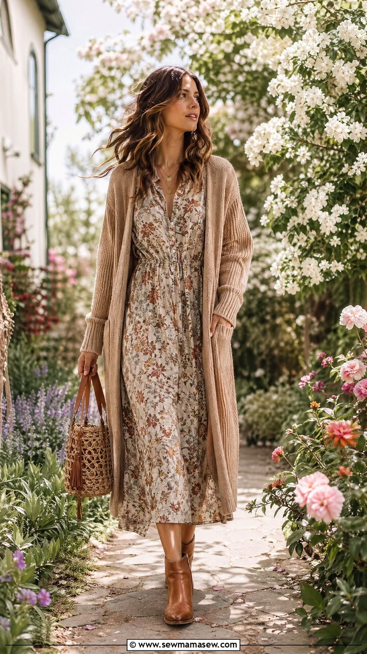 Longline cardigan with floral midi dress - 35 transitional boho outfit ideas