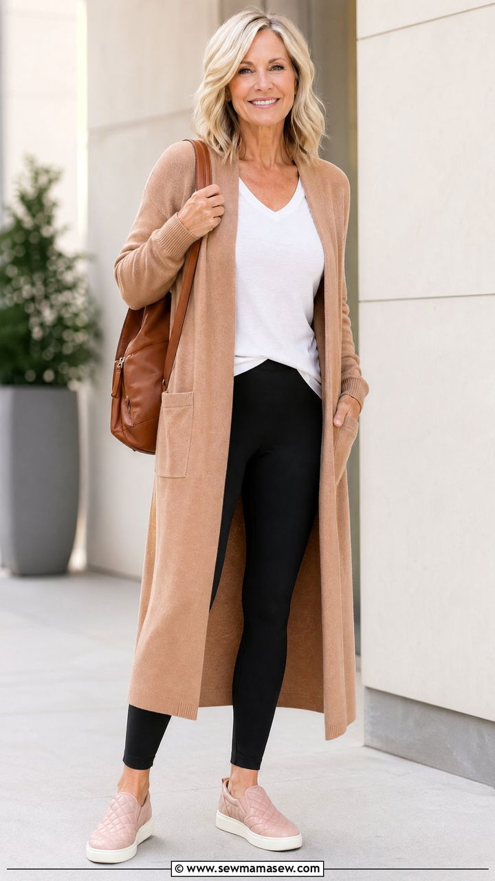 Longline cardigan with premium leggings - 35 Travel outfit ideas for women over 50