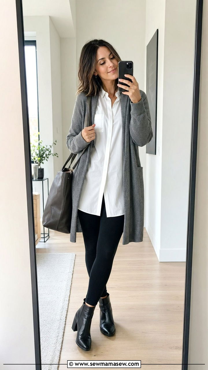 Longline shirt with leggings and a long cardigan - 35 Modest outfit ideas for office