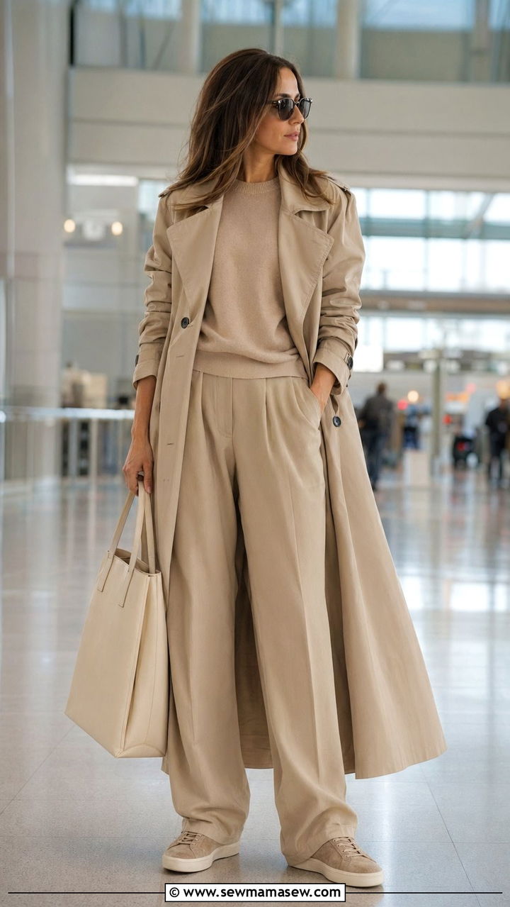Longline trench coat with a monochromatic beige outfit - 30 Airport outfit ideas with a trench coat