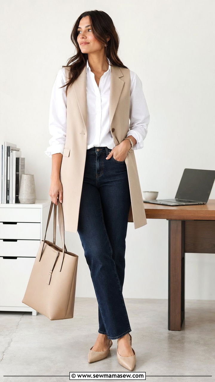 Longline vest and straight leg jeans outfit - 30 Work outfits with jeans