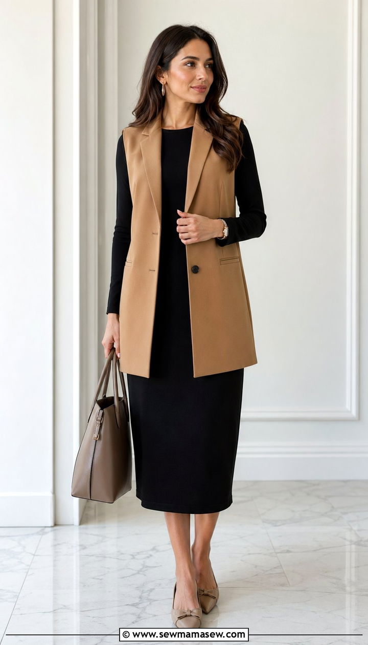 Longline vest over a slim fit midi dress - 35 Modest outfit ideas for office
