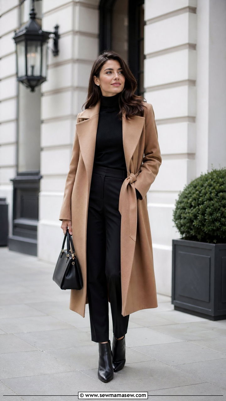 Longline wool coat with turtleneck and trousers - 35 Weekend getaway outfit ideas