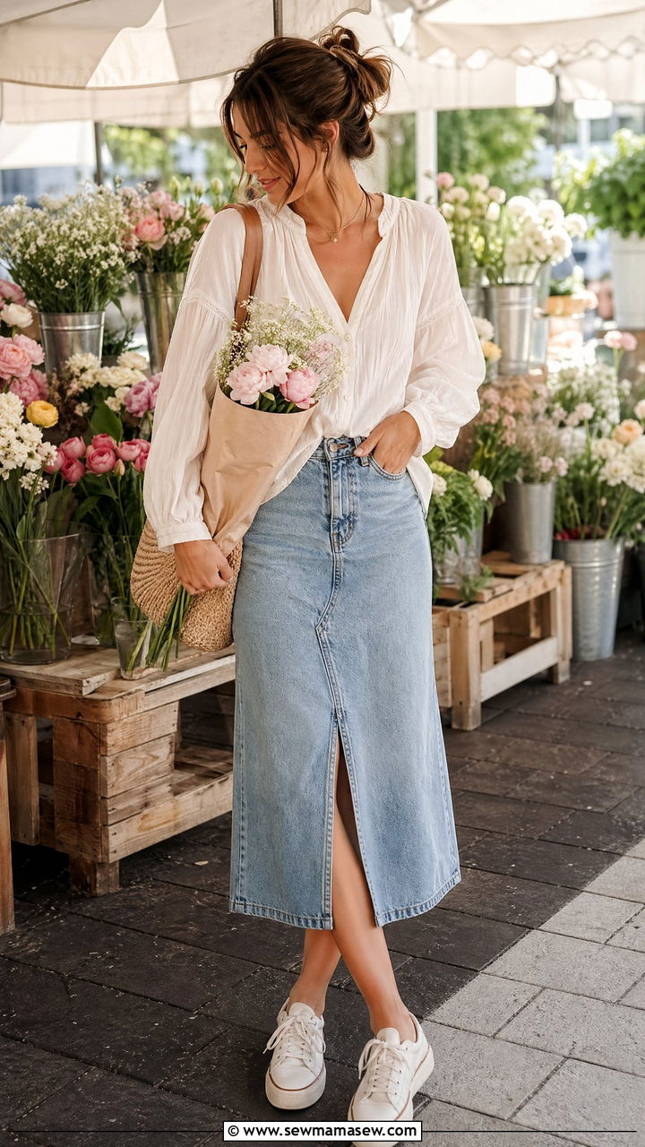 Loose Blouse With Denim Midi Skirt - 35 spring soft girl outfit ideas