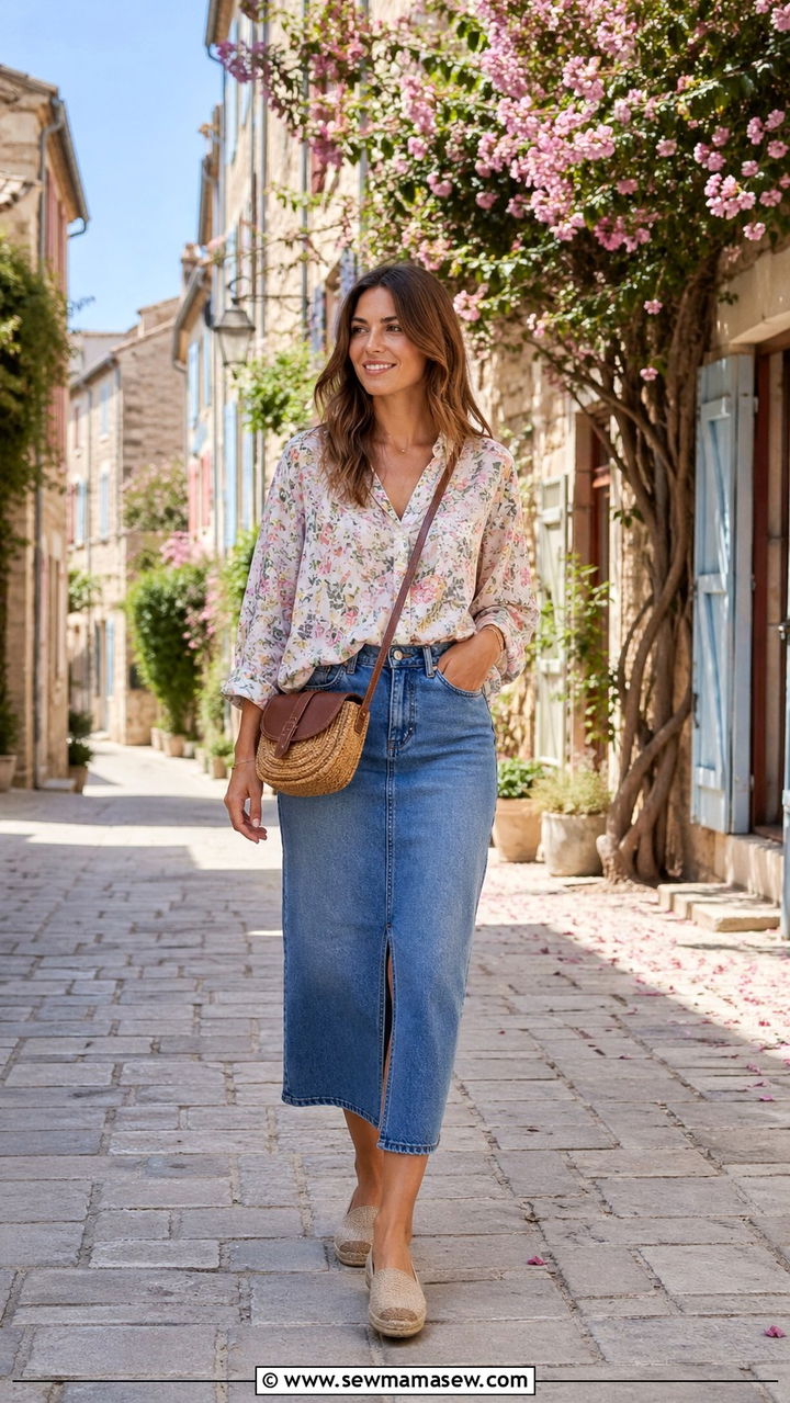 Loose Floral Blouse With Denim Midi Skirt - 30 Soft girl spring outfits