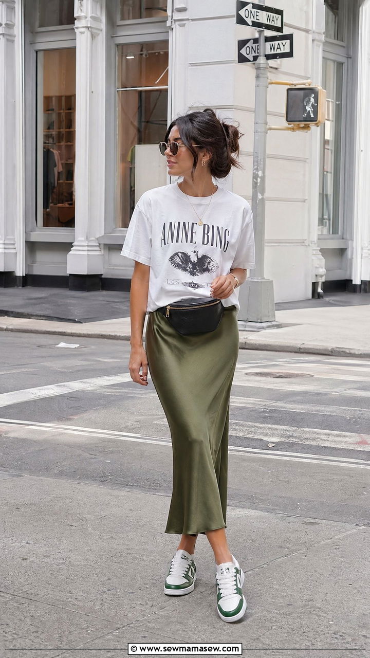 Low Top Sneakers With a Midi Skirt and Tee - 35 Summer outfits with sneakers