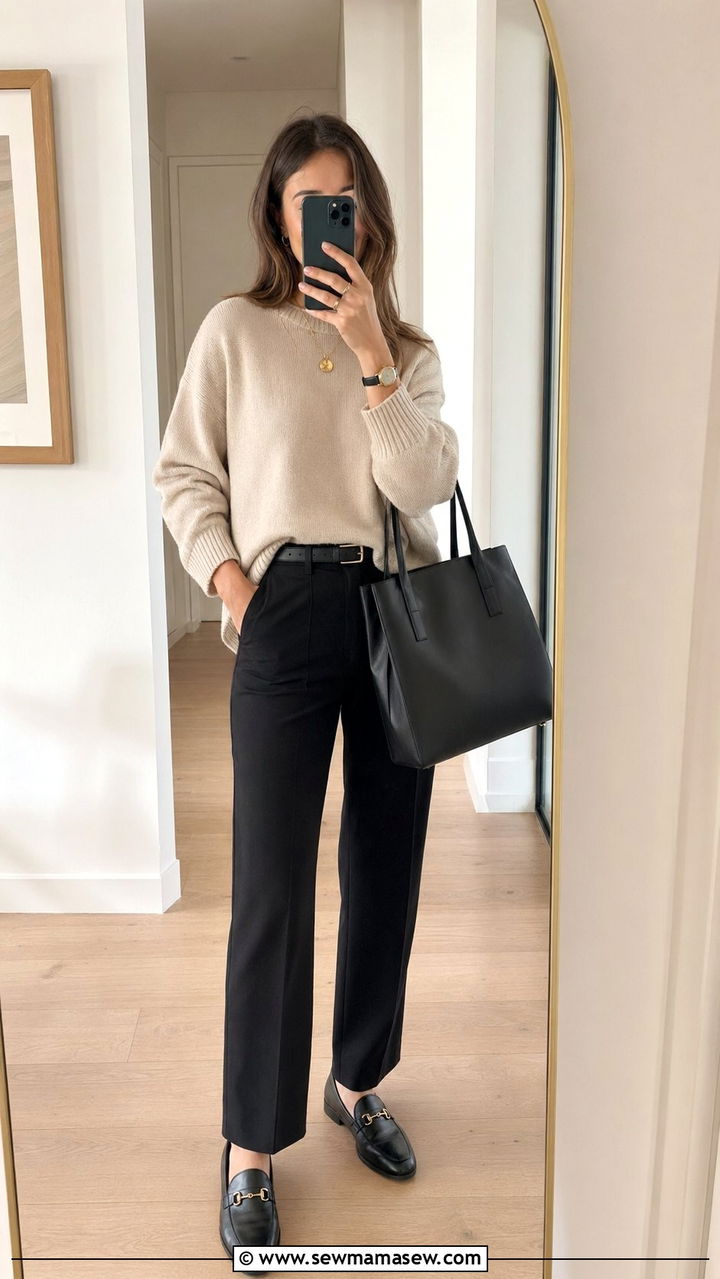 Luxe Knit Sweater With Ponte Trousers and Leather Accessories - 35 Old money outfit ideas for women over 50