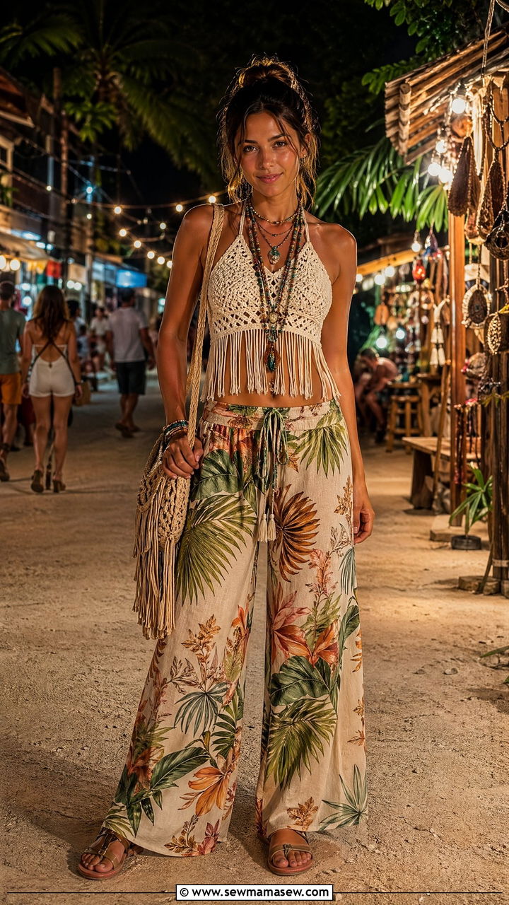 Macrame Halter Top and Printed Palazzo Pants Costa Rica Outfit - 35 Costa Rica outfit ideas