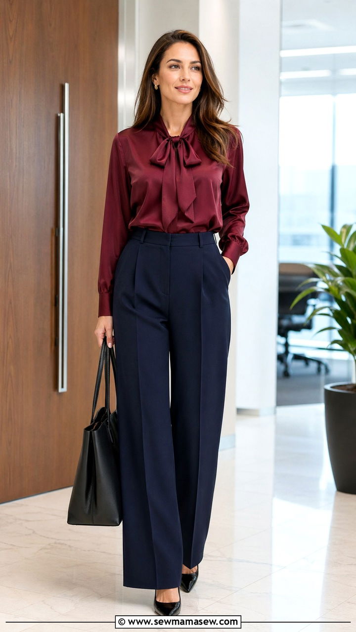 Maroon blouse with navy trousers - 40 All maroon outfit ideas