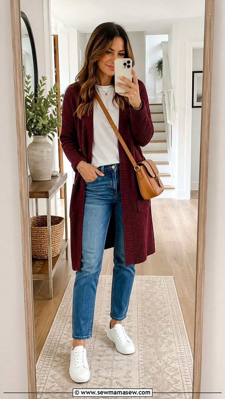 Maroon cardigan with white tee and jeans - 40 All maroon outfit ideas