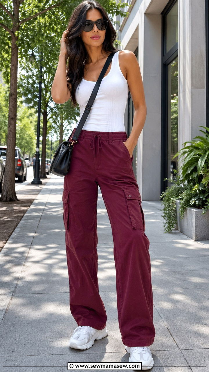 Maroon cargo pants with white tank top - 40 All maroon outfit ideas