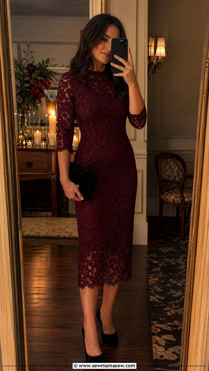 Maroon lace midi dress with velvet clutch wedding guest - 35 Country club wedding guest outfit ideas