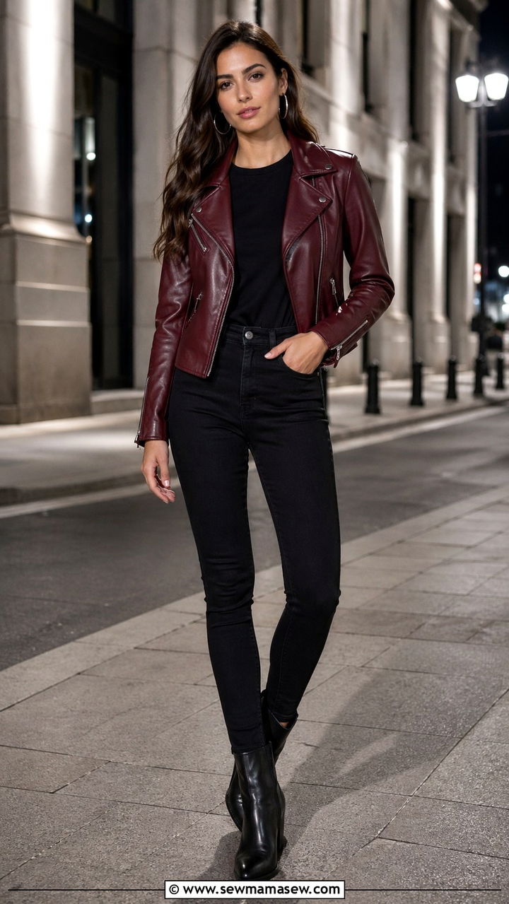 Maroon leather jacket with black skinny jeans - 40 All maroon outfit ideas