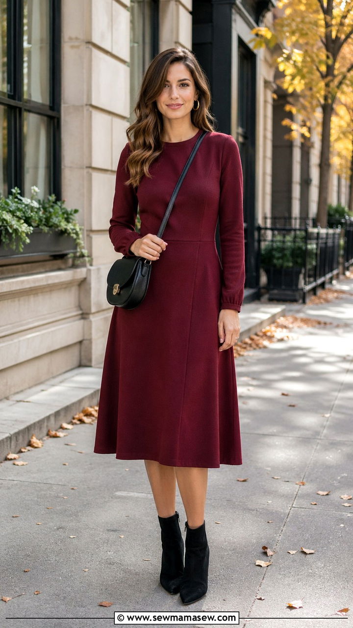 Maroon midi dress with ankle boots - 40 All maroon outfit ideas