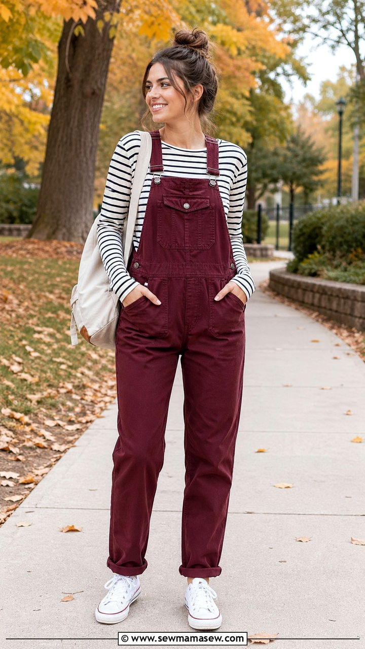 Maroon overalls with striped long sleeve tee - 40 All maroon outfit ideas