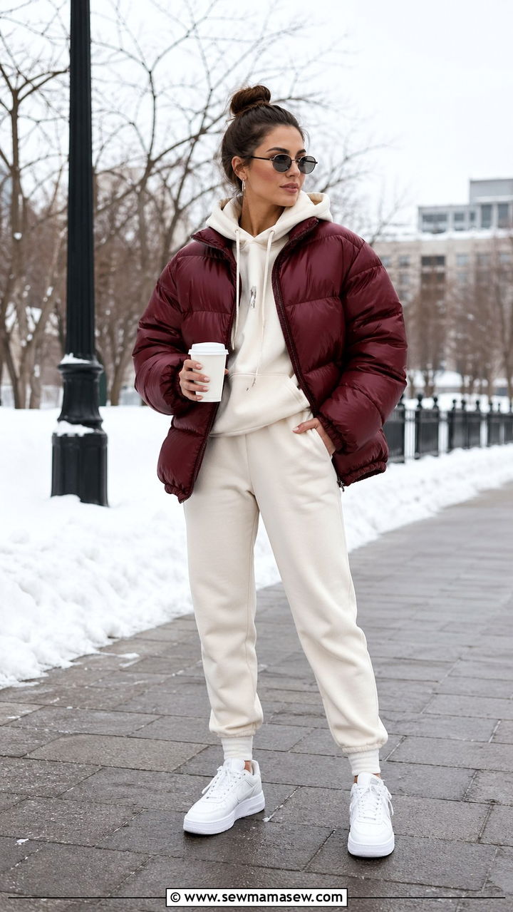 Maroon puffer jacket with cream joggers - 40 All maroon outfit ideas