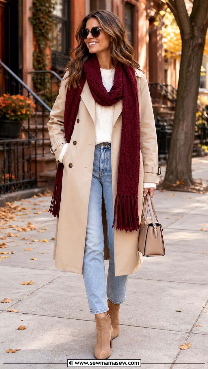 Maroon scarf and beige trench coat outfit - 40 All maroon outfit ideas