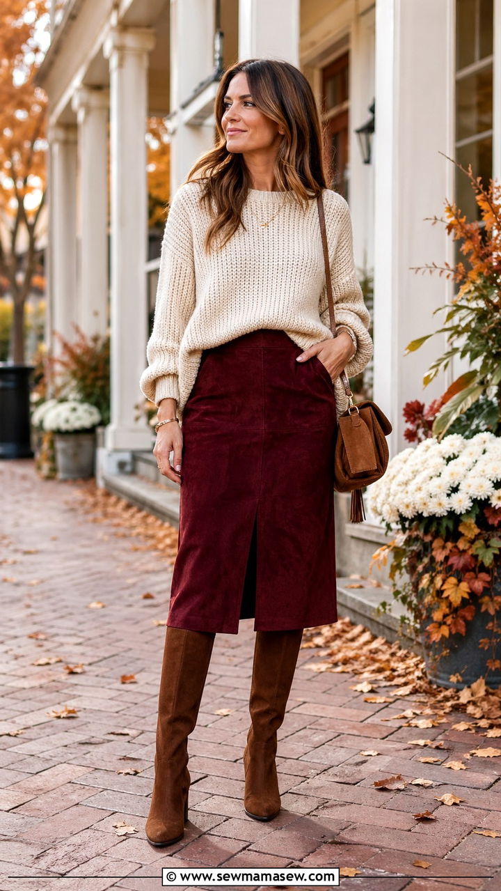 Maroon suede skirt with chunky knit sweater - 40 All maroon outfit ideas