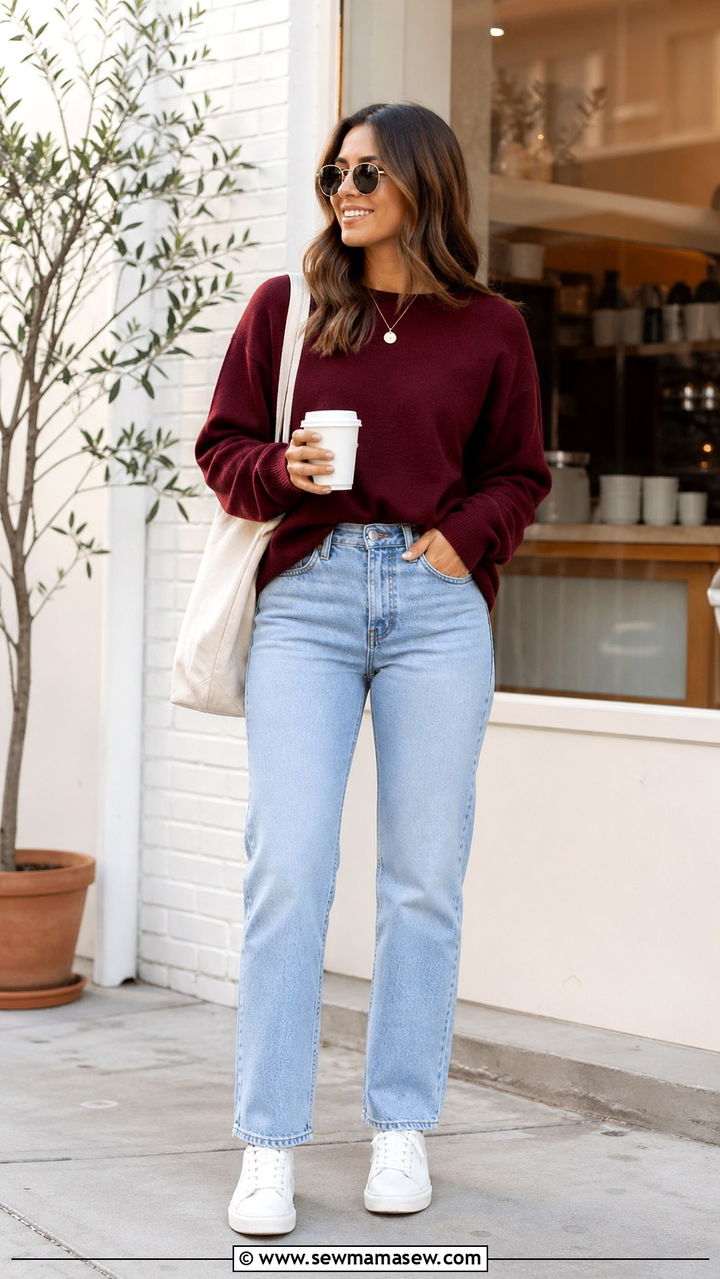 Maroon sweater with blue jeans - 40 All maroon outfit ideas