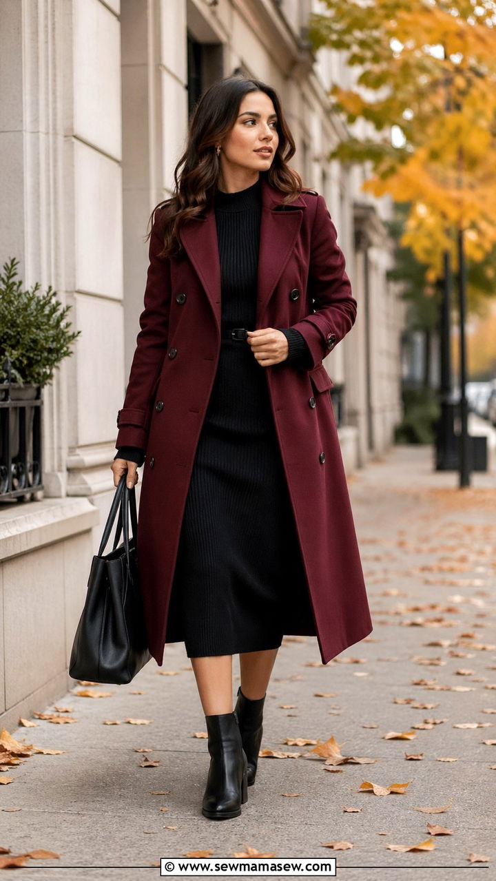 Maroon trench coat with black dress - 40 All maroon outfit ideas