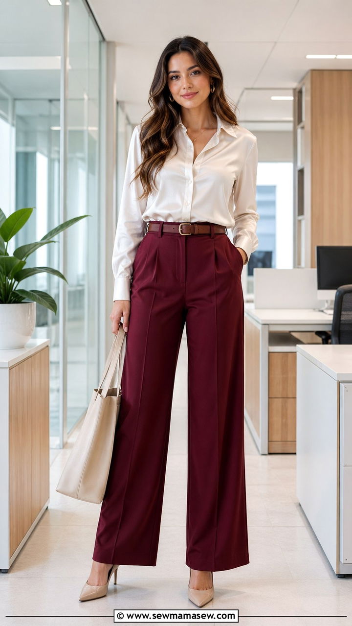 Maroon wide leg pants with cream blouse - 40 All maroon outfit ideas