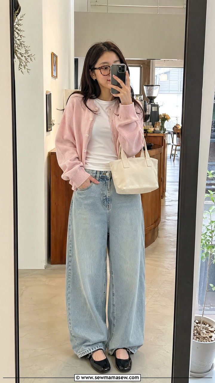 Mary Jane flats with baggy jeans and a cardigan - 35 Seoul vacation outfit ideas