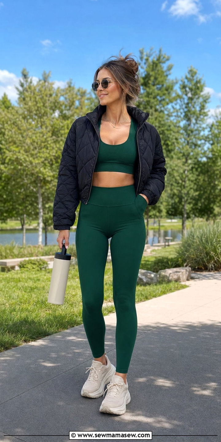 Matching Athletic Set With A Cropped Puffer And Hokas - 35 Mom style outfit ideas