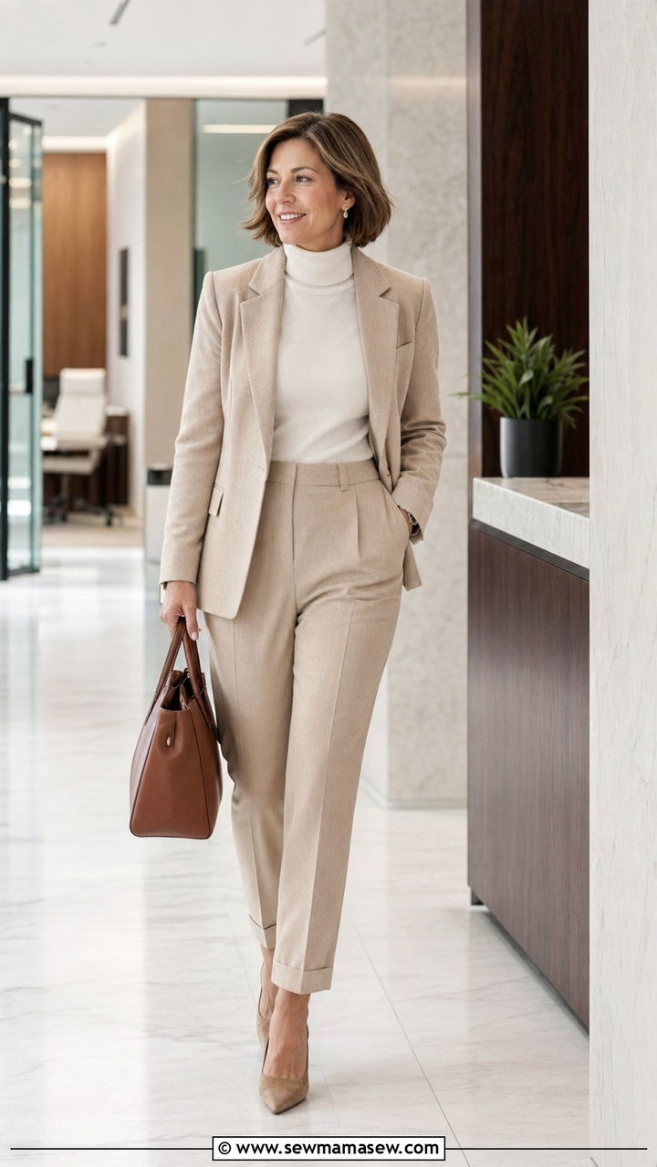 Matching Beige Wool Blazer With Turtleneck - 35 Petite outfit ideas for women over 40