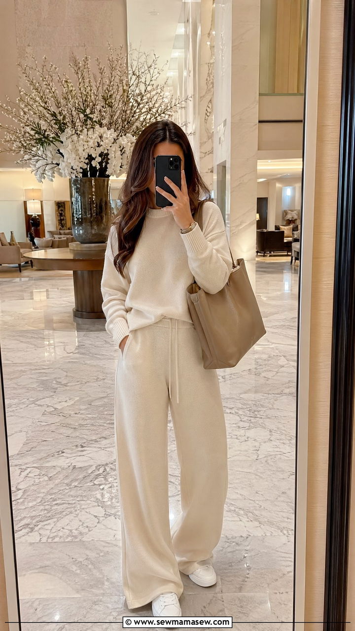 Matching Cashmere Knit Set with White Sneakers - 35 classy travel outfits