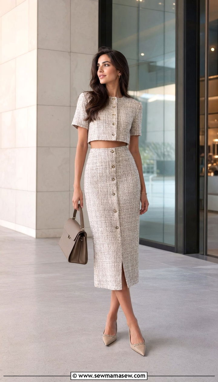 Matching Co ord Set with Structured Handbag - 30 Wedding guest outfits for rainy weather
