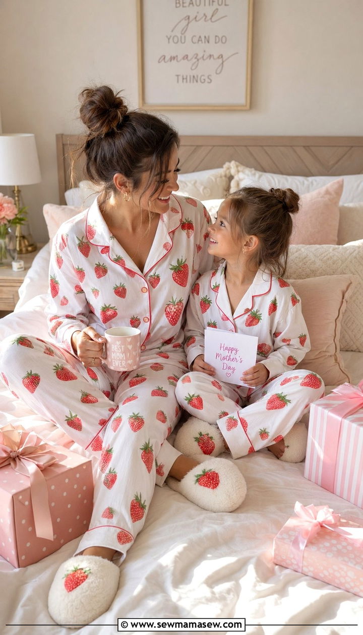 Matching Cotton Pajama Set and Slippers - 35 Mother's Day matching set outfit ideas
