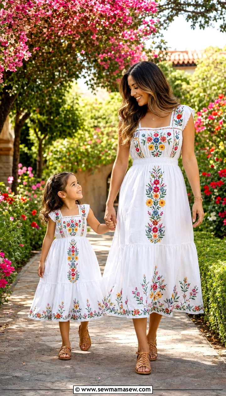 Matching Embroidered Cotton Dress Outfit - 35 Mother's Day matching set outfit ideas