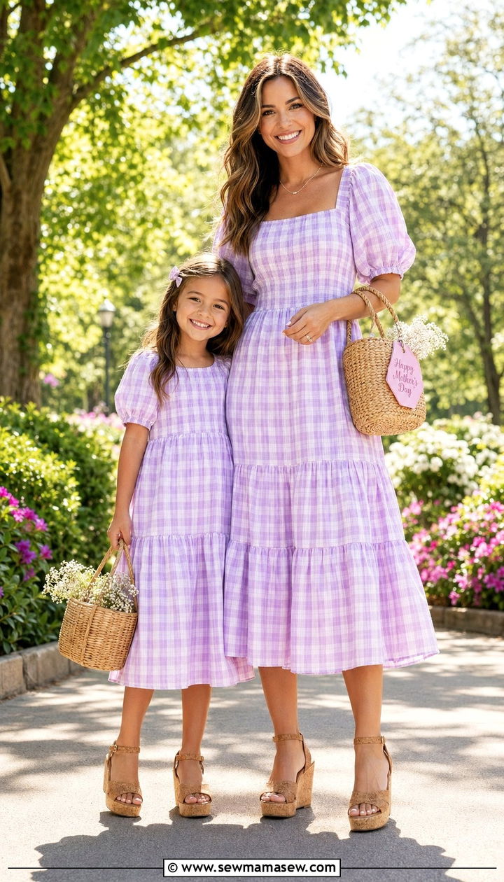 Matching Gingham Midi Dress and Wedges - 35 Mother's Day matching set outfit ideas