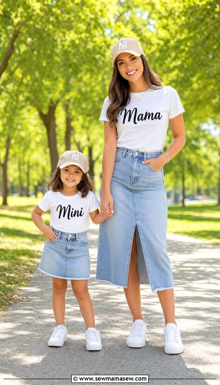 Matching Graphic Tee and Denim Skirt Outfit - 35 Mother's Day matching set outfit ideas
