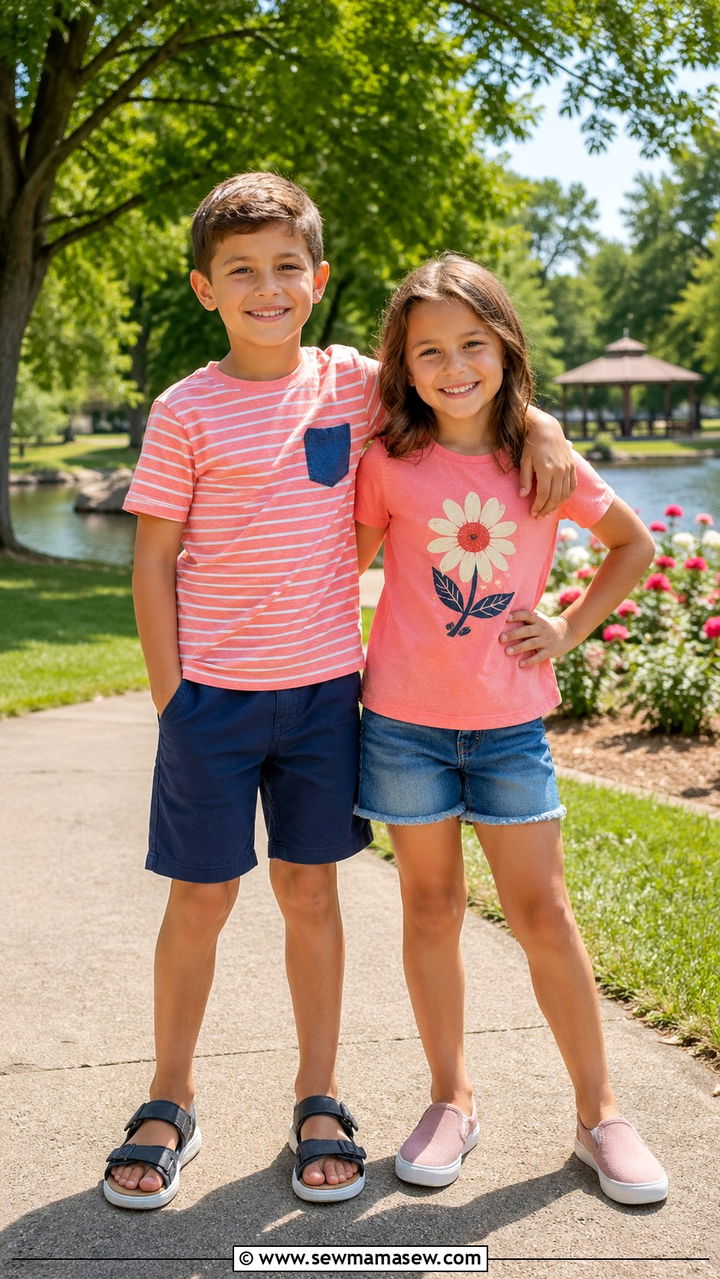 Matching Graphic Tee and Shorts Sibling Look for Summer - 30 Sibling photoshoot outfit ideas