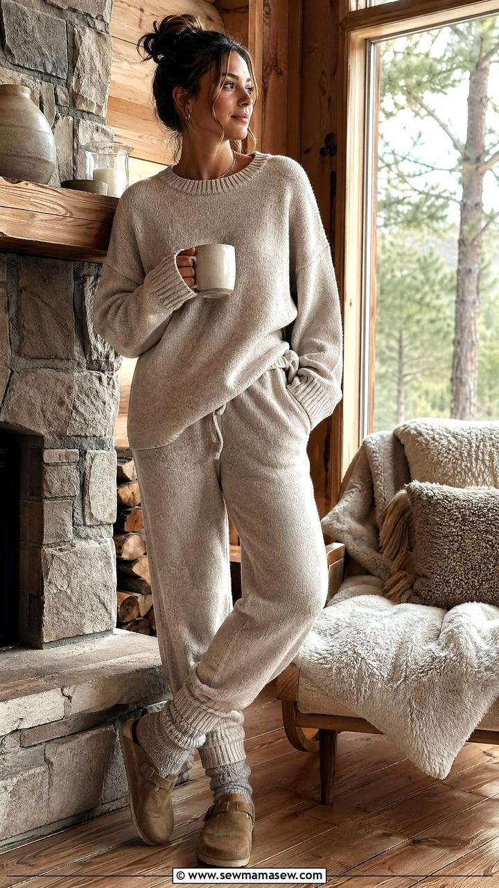 Matching Knit Co Ord Set With Wool Socks and Clogs - 35 Cozy cabin weekend outfit ideas