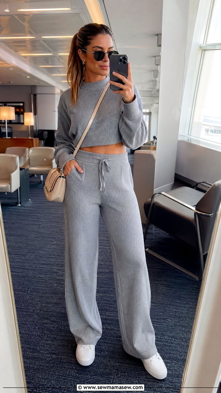 Matching Knit Co Ord Set and White Sneakers - 35 what to wear to the airport