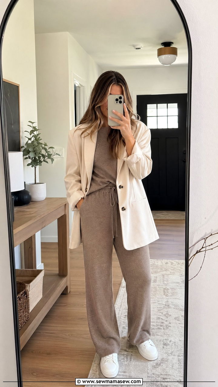 Matching Knit Lounge Set With An Oversized Blazer And Sneakers - 35 work outfits for moms