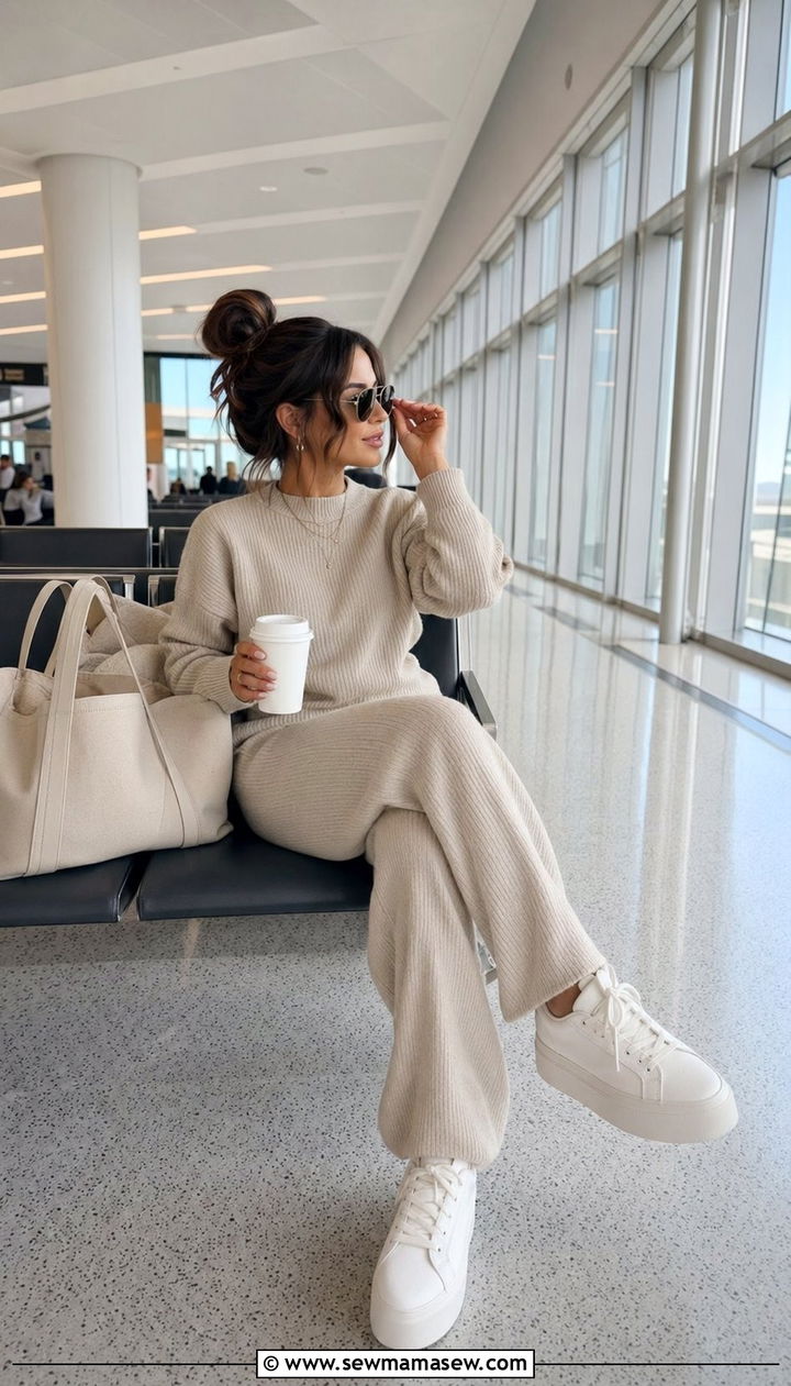 Matching Knit Lounge Set With An Oversized Tote And Sneakers - 35 Mom style outfit ideas