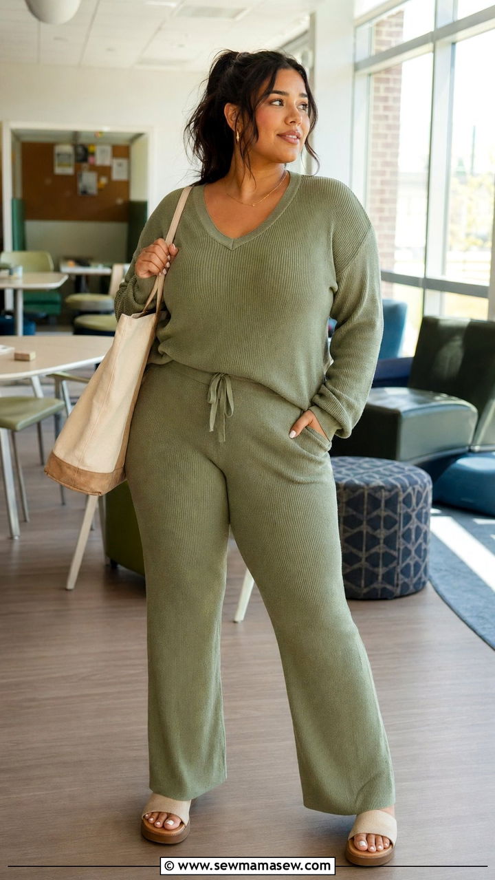 Matching Knit Lounge Set With Slides And Tote Bag - 30 Back to school outfit ideas plus size college