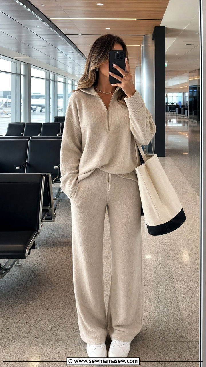 Matching Knit Lounge Set With Sneakers - 30 airport outfits Pinterest