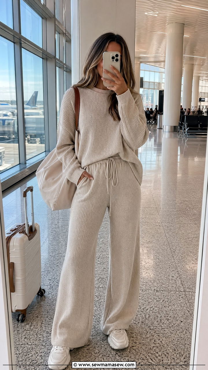 Matching Knit Lounge Set With White Sneakers - 35 spring airport outfit ideas