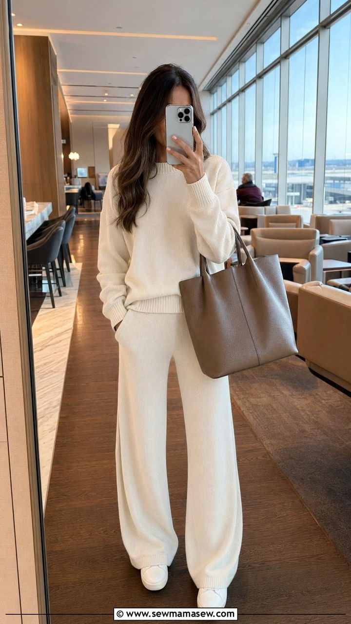 Matching Knit Lounge Set With White Sneakers And Tote Bag - 30 airport outfits inspo
