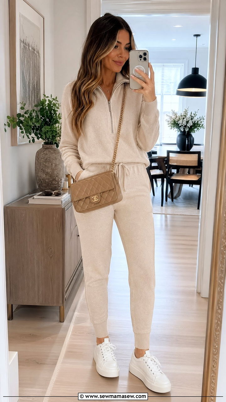 Matching Knit Lounge Set With White Sneakers Outfit - 35 College reunion outfit ideas