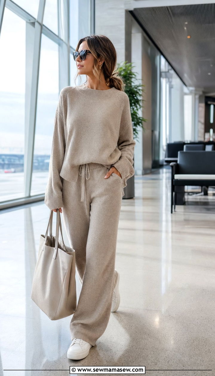 Matching Knit Lounge Set With White Sneakers Travel Outfit - 35 quiet luxury outfits