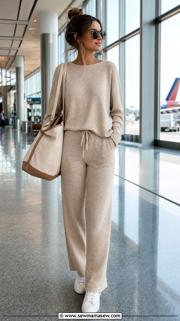Matching Knit Lounge Set With an Oversized Tote and White Sneakers - 30 Austin outfit ideas