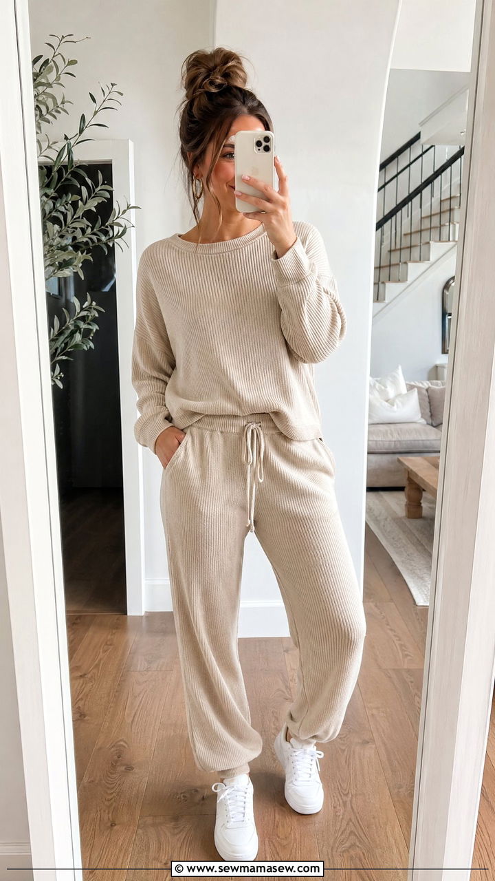 Matching Knit Lounge Set with Clean Sneakers - 35 casual outfits for new moms