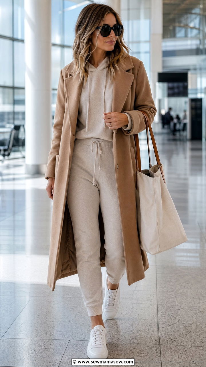 Matching Knit Lounge Set with Long Coat Outfit - 35 transitional sporty chic outfit ideas